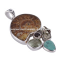 Ammonite e Multi Pedra Bezel Setting 925 Sterling Silver Pendant